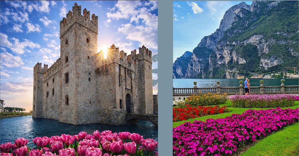 O cenário de Sirmione e as montanhas junto à água em Riva del Garda.